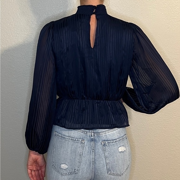 Lush Deep V Mock Neck Striped Peplum Long Balloon Sleeve Wrap Top Navy - Picture 2 of 11